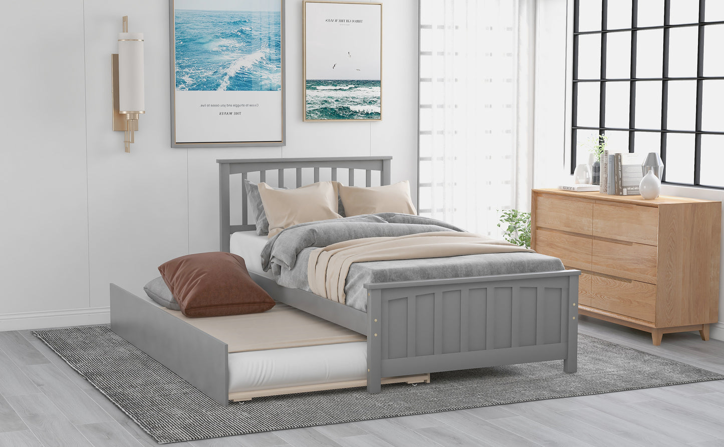 Twin size Platform Bed with Trundle, Gray