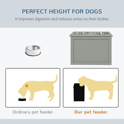 PawHut Raised Pet Feeding Storage Station with 2 Stainless Steel Bowls Base for Large Dogs and Other Large Pets, Gray