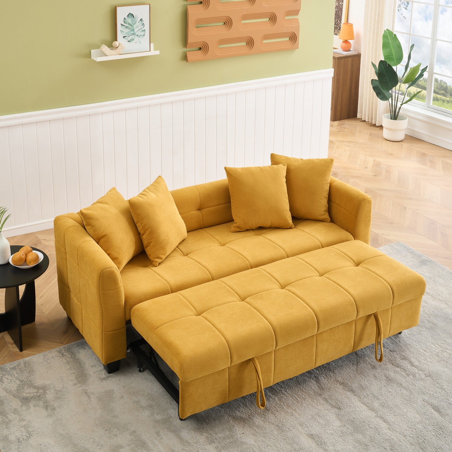 77.9-inch folding dual-purpose three-seater yellow flannel sofa that can be pulled out and turned into a bed, suitable for use in bedrooms and living rooms.