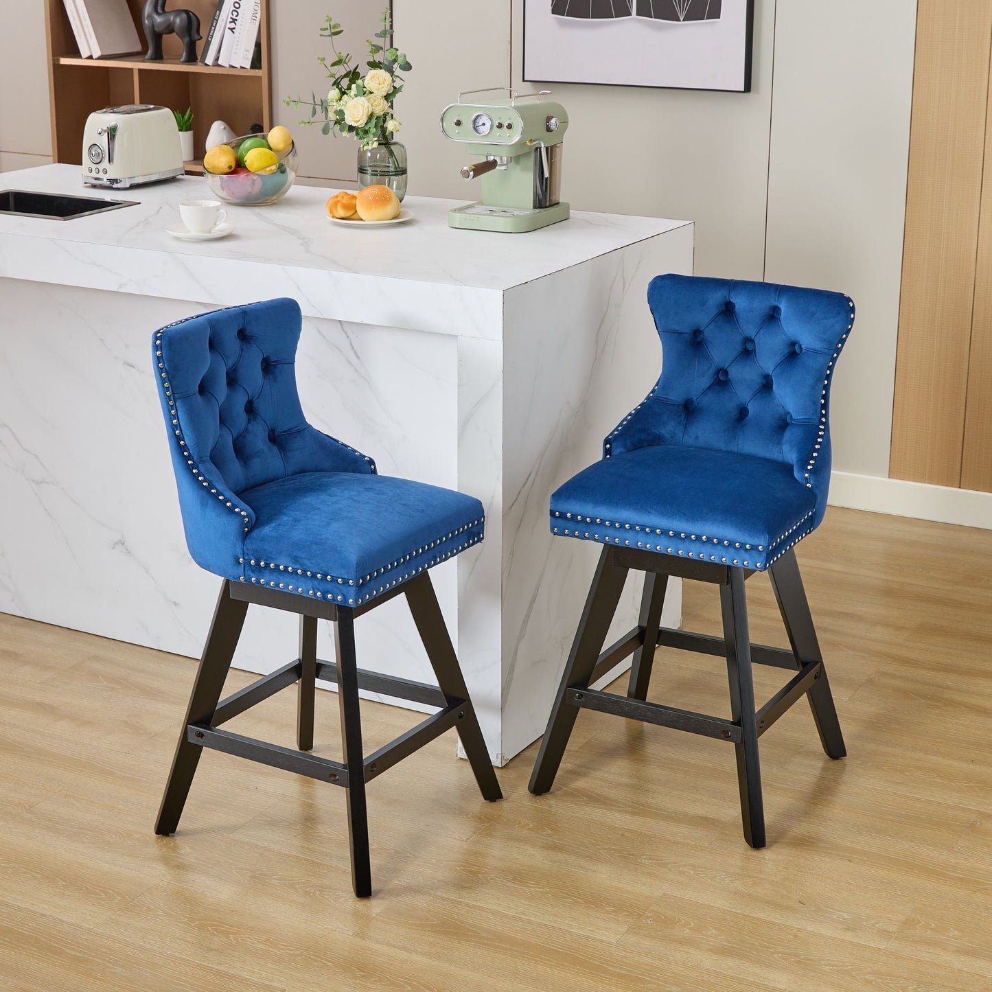 Swivel Velvet Barstools with Button Tufted Decoration and Wooden Legs, and Chrome Nailhead Trim, Leisure Style Bar Chairs,Bar stools, Set of 2 (Blue),SW1860BL