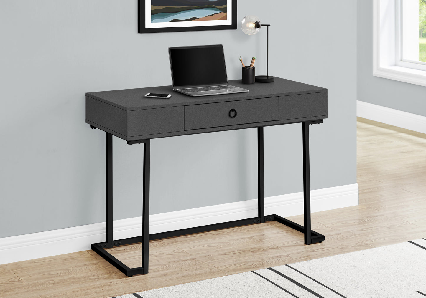 Computer Desk, Home Office, Laptop, Storage Drawers, 42"l, Work, Grey Laminate, Black Metal, Contemporary, Modern