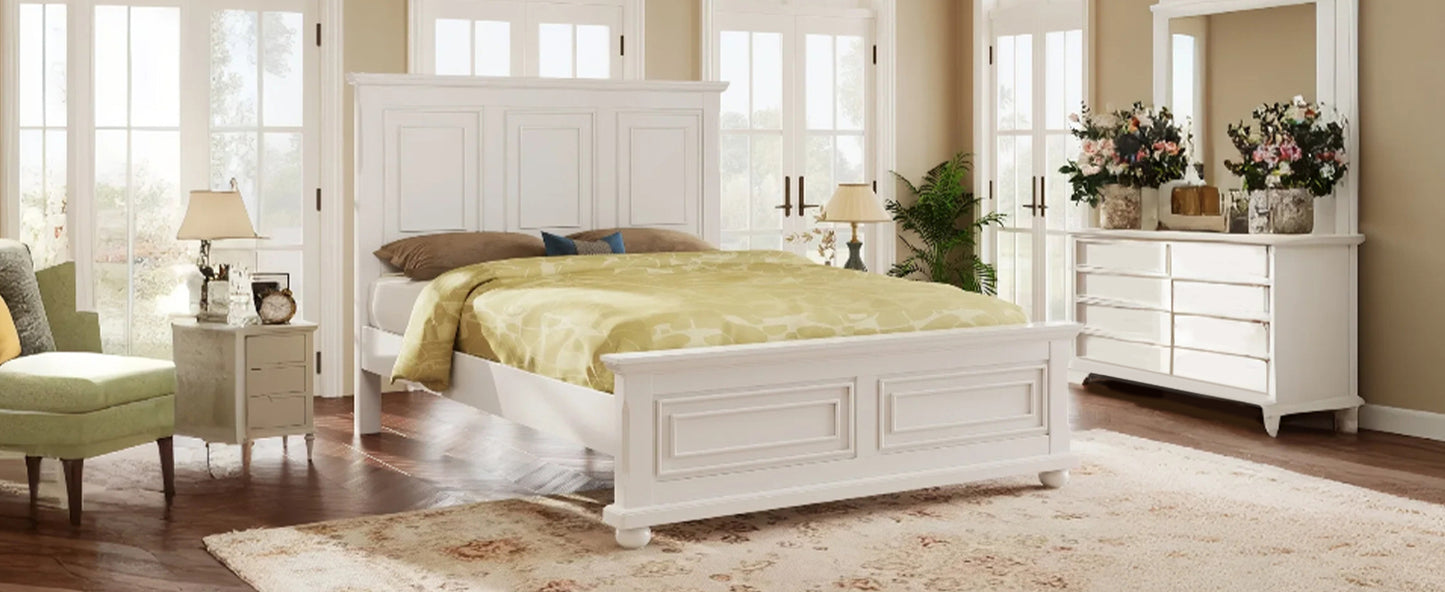 Traditional Town and Country Style Pinewood Vintage Queen Bed, White