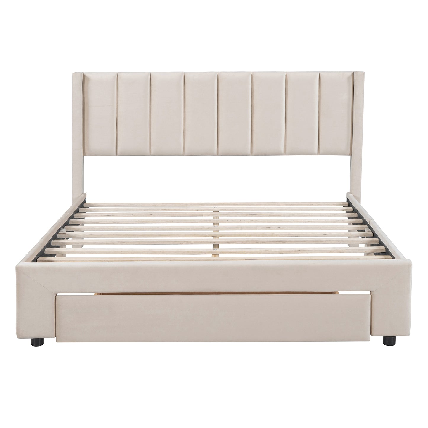 Queen Size Storage Bed Velvet Upholstered Platform Bed with a Big Drawer - Beige(old sku:WF296854AAA)