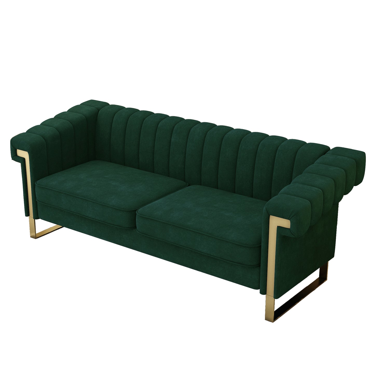 FX-P81-RG2  RETRO GREEN SOFA Modern Cream Velvet Sofa with Gold Accents - Sleek Channel-Tufted Upholstery, 3-Seat Couch for Living Room and Office Decor