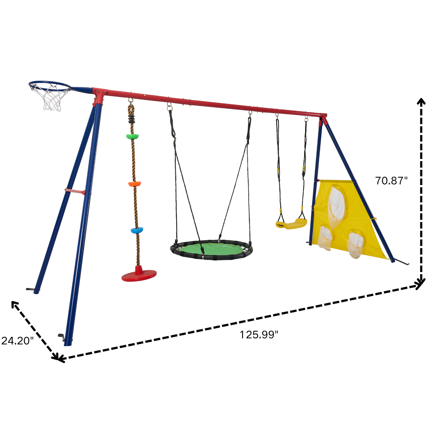 XNS093 rinbow colour interesting three swingset with Textilene swing and Tree Swing Disc metal plastic safe swing seat 550lbs for outdoor playground for age 3+