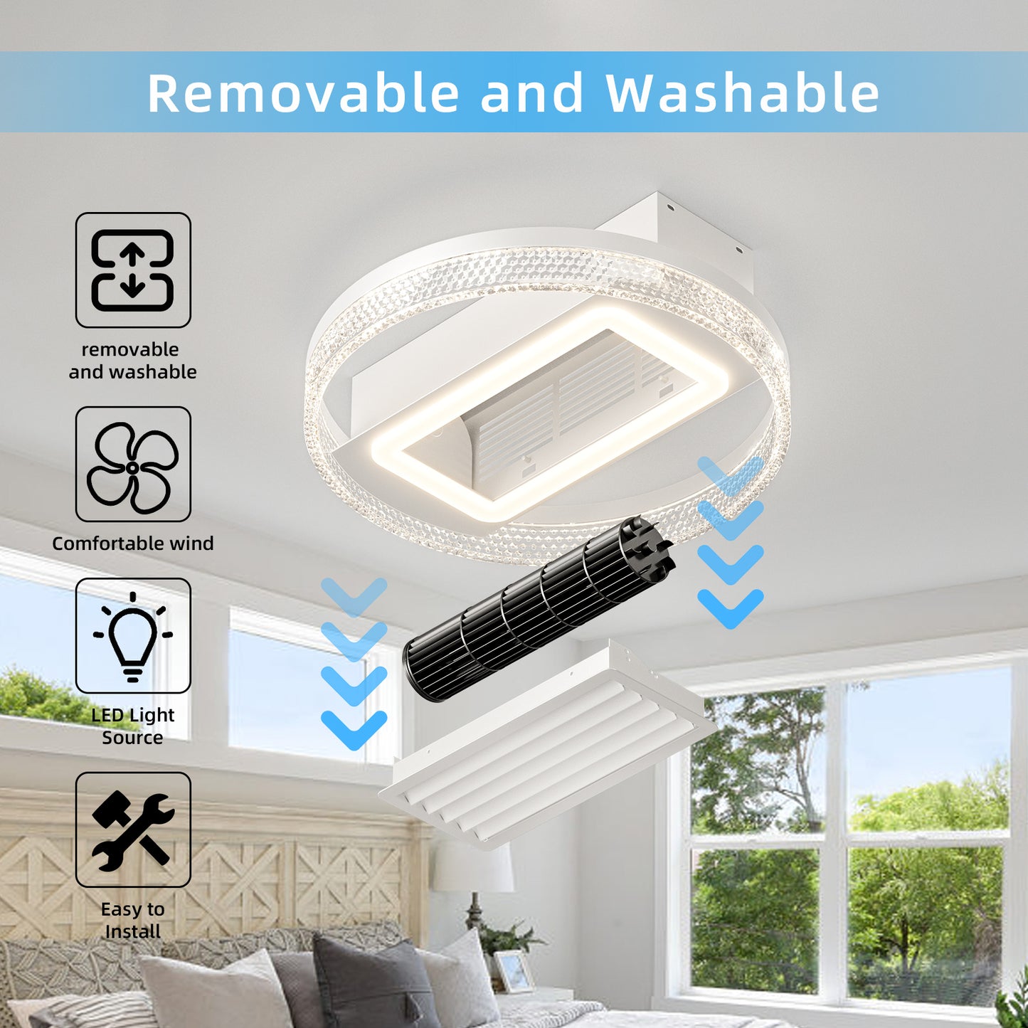 20inch Modern Leafless Ceiling Fan with Remote Control Removable and Washable, Reversible Motor