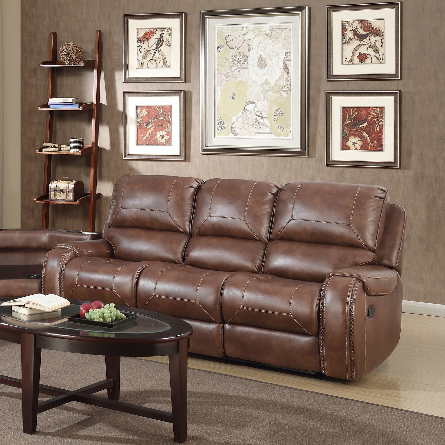 Achern Brown Leather-Air Nailhead Manual Reclining Sofa with Storage Console and USB Port