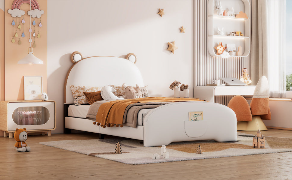 Twin Size Upholstered Platform Bed with Bear-shaped Headboard and Footboard,White+Brown