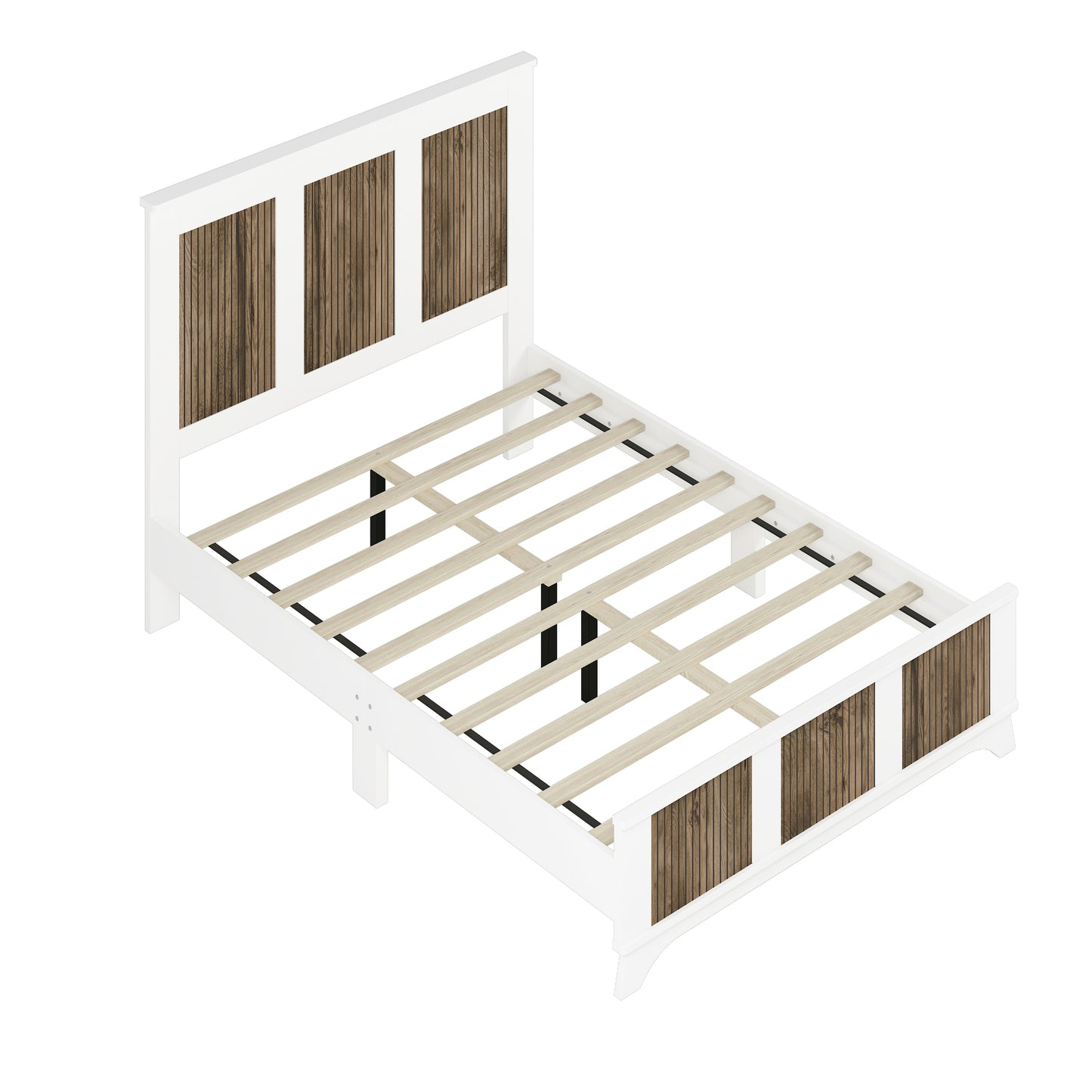 Farmhouse Wooden Platform Full Size Bed, Modern Platform Bed with Wooden Strip Decoration, Plywood Slats Support, White