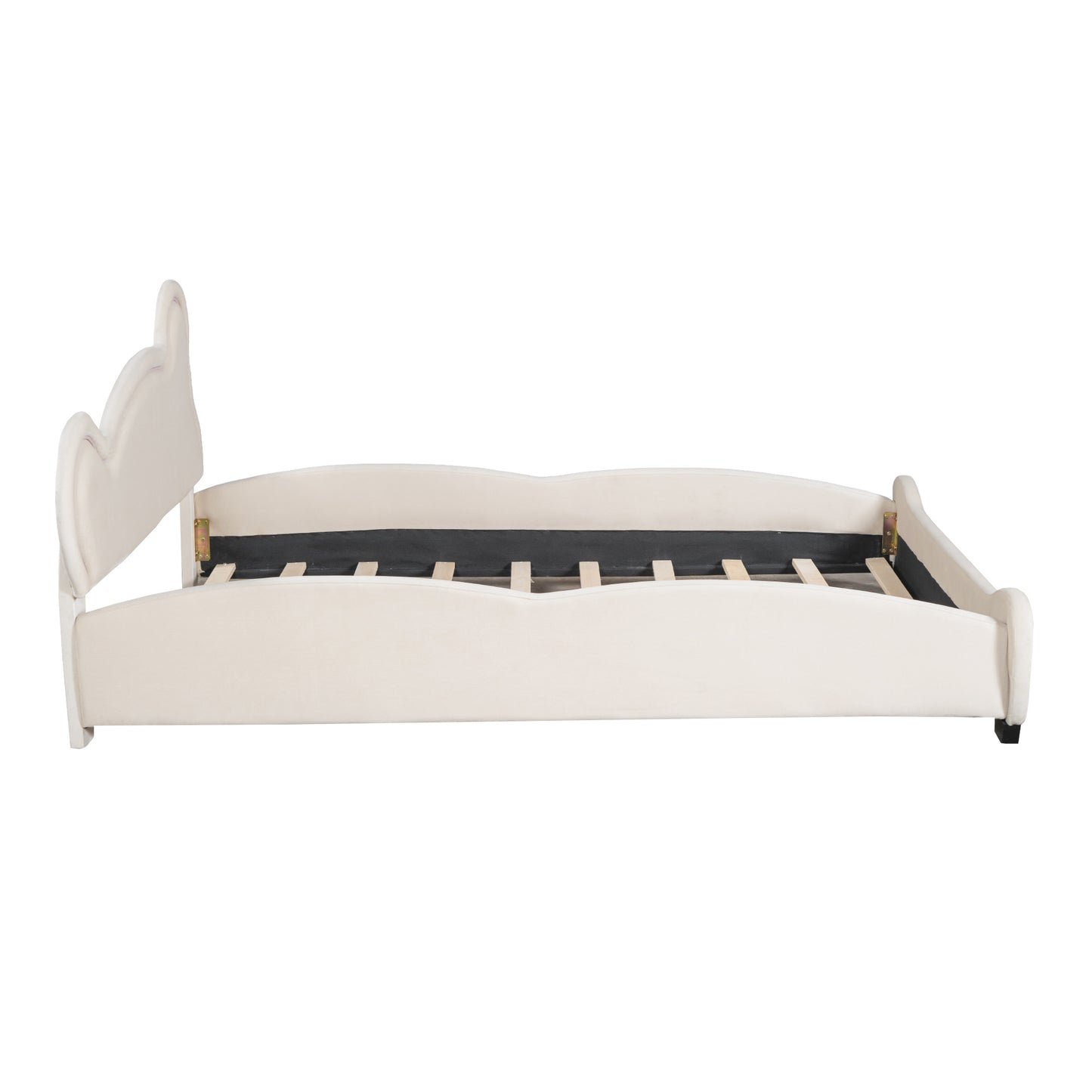 Queen Size Velvet Platform Bed with Bear-Shaped Headboard, with Bed-End Storage Pocket, Beige