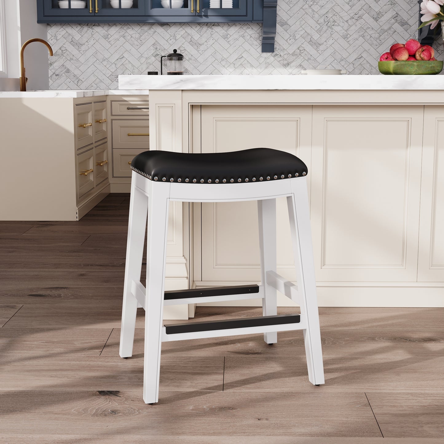 24" Counter Stool, White Finish, Black Leather Seat