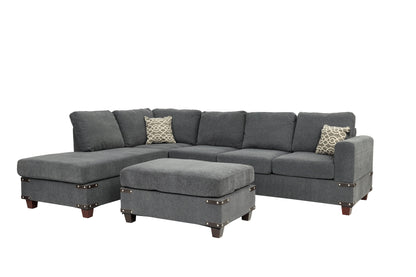 Living Room Furniture Charcoal Chenille Sectional w Ottoman Linen Like Fabric Sofa Reversible L/R Chaise Ottoman 3pc Sectional Sofa