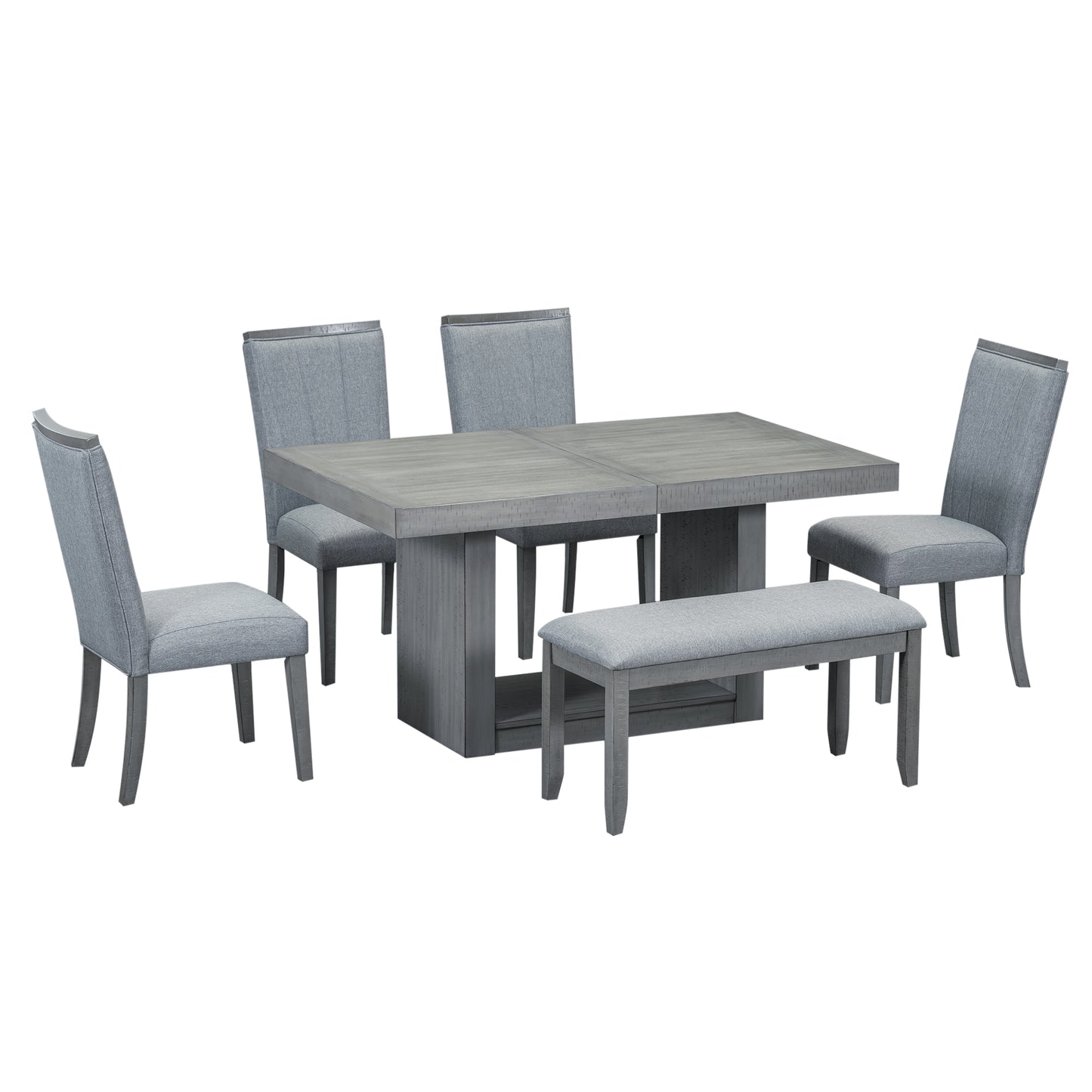 TOPMAX Contemporary 6-Piece 78inch Extendable Pedestal Dining Table Set with 18inch Removable Leaf and Dining Bench, 4 Upholstered Dining Chairs, Gray