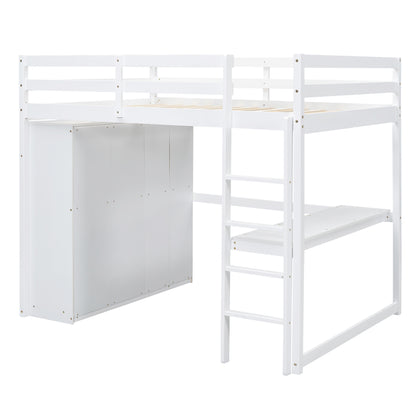 Wood Full Size Loft Bed with Built-in Wardrobe, Desk, Storage Shelves and Drawers, White