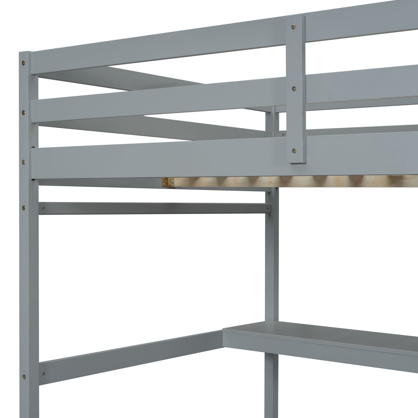 Full Size High Loft Bed with Built-in Desk, Ladder Platform, Ladders, Guardrails ,Grey