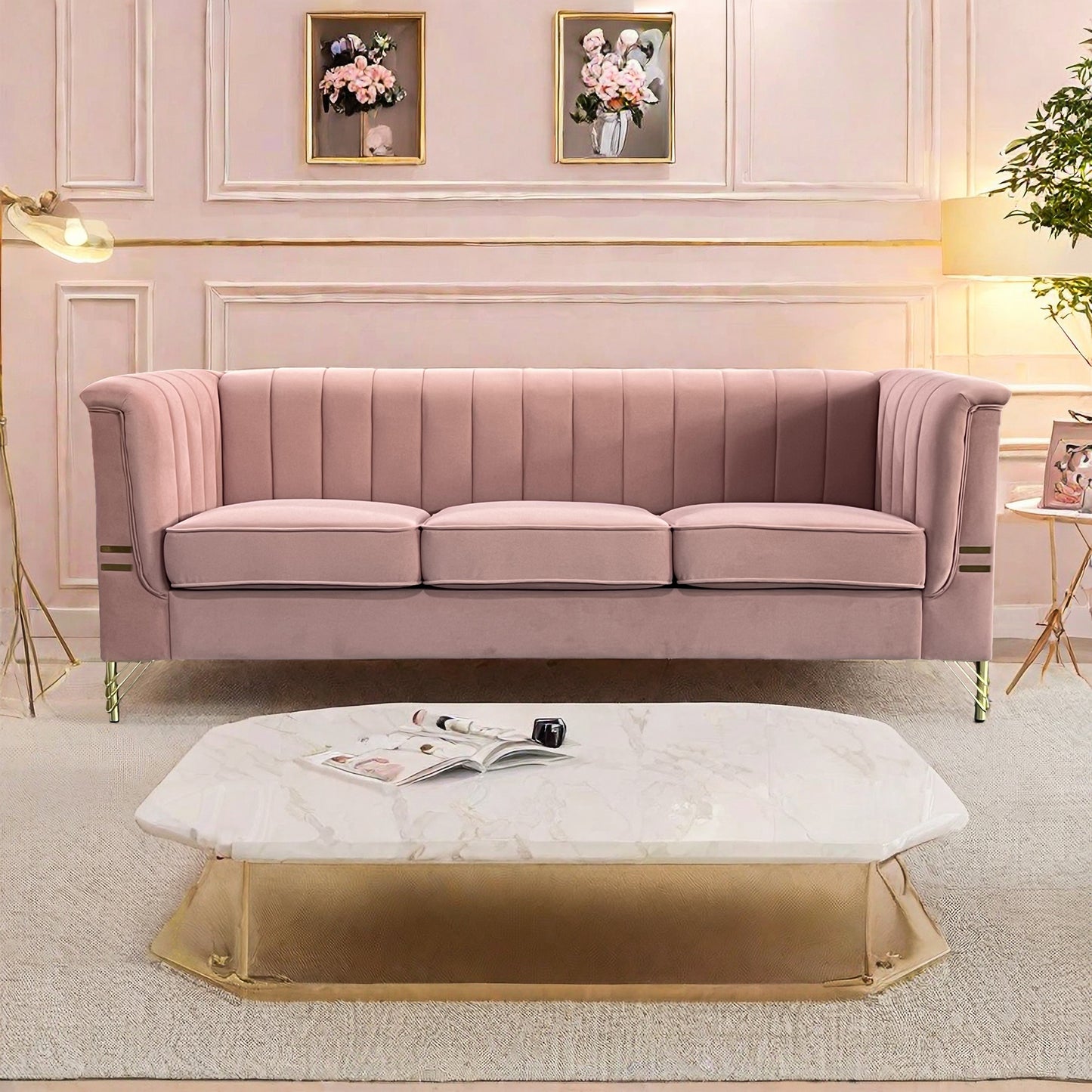 FX-P82-PK(SOFA)-Modern Designs Velvet Upholstered Living Room Sofa, 3 Seat Sofa Couch with  Golden Metal Legs for Home, Apartment or Office  Pink SOFA