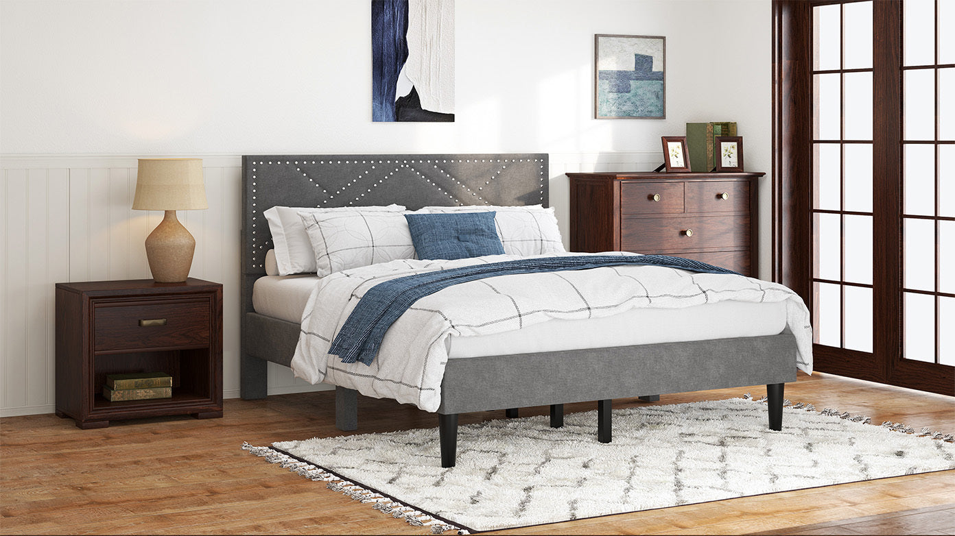 Queen Size Bed Frame with Storage Headboard, Metal Platform Bed No Noise, Mattress Foundation Strong Metal Slats Support No Box Spring Needed