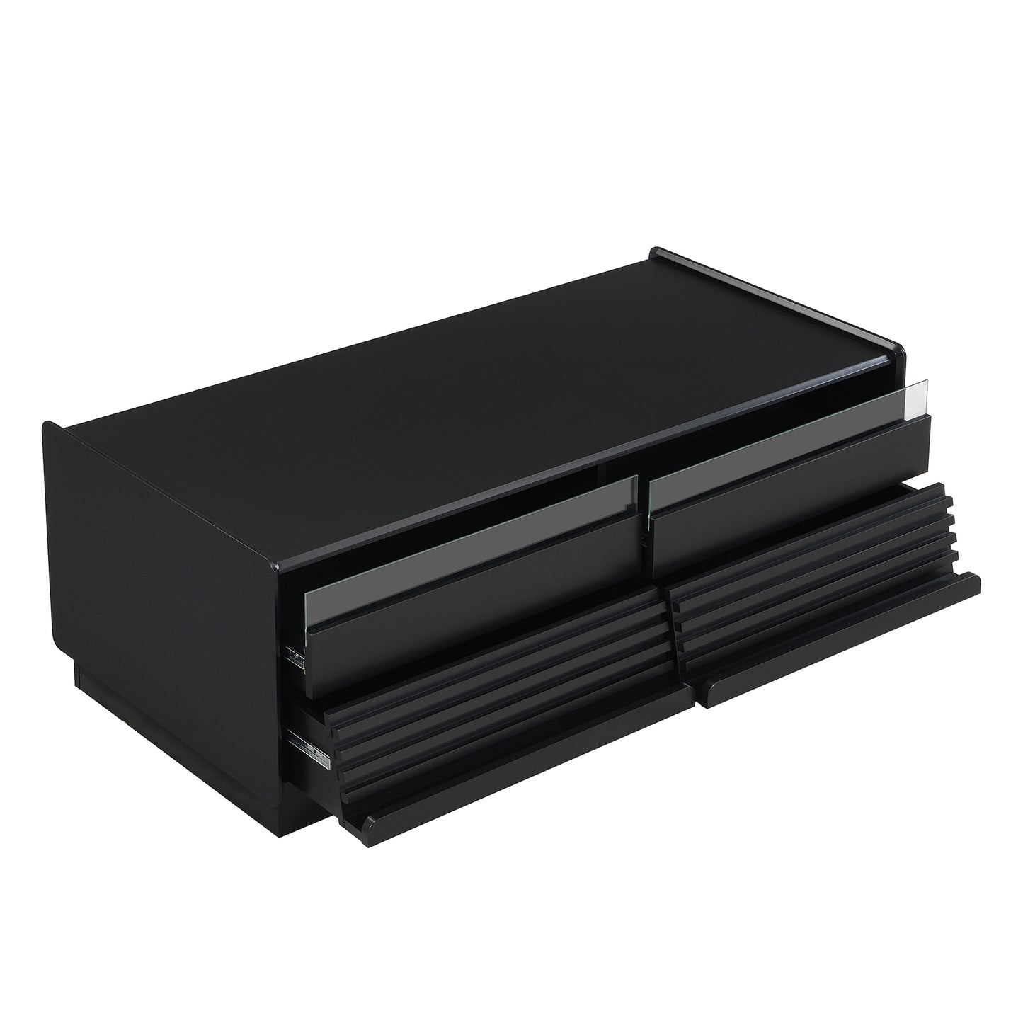 U-Can Modern Rectangle Coffee Table with 4 Drawers and 2 Display Shelves, 47.2' Wood Coffee Table with Fluted Style, Tempered Glass for Living Room