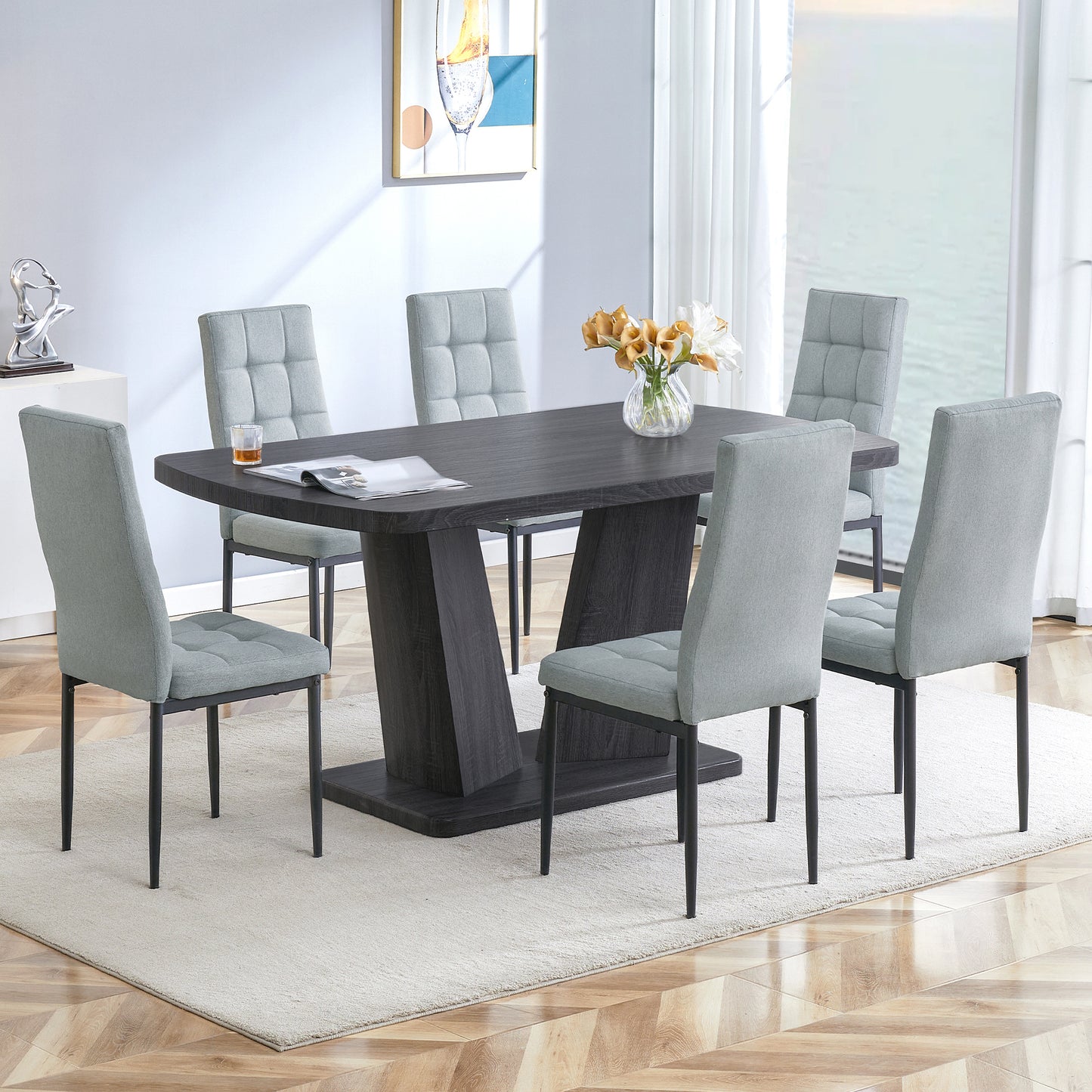 Dining Table Set for 6, 7 Piece Kitchen Table Chairs Set, 1.8" Thickness Tabletop and V-shaped Table Legs, Modern Dining Room Set with 63 inch Dinner Table and 6 Upholstered Chairs for Dining Room