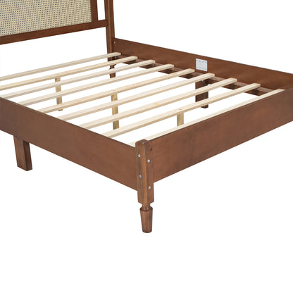 Queen Size Wooden Platform Bed with Natural Rattan Headboard, Vintage Bed Frame with Wooden Slat Support, Walnut