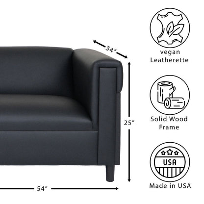 Black Broadway Faux Leather Loveseat Sofa for Living Room, Modern Décor Love Seat Mini Small Couches for Small Spaces and Bedroom with Solid Wood Frame