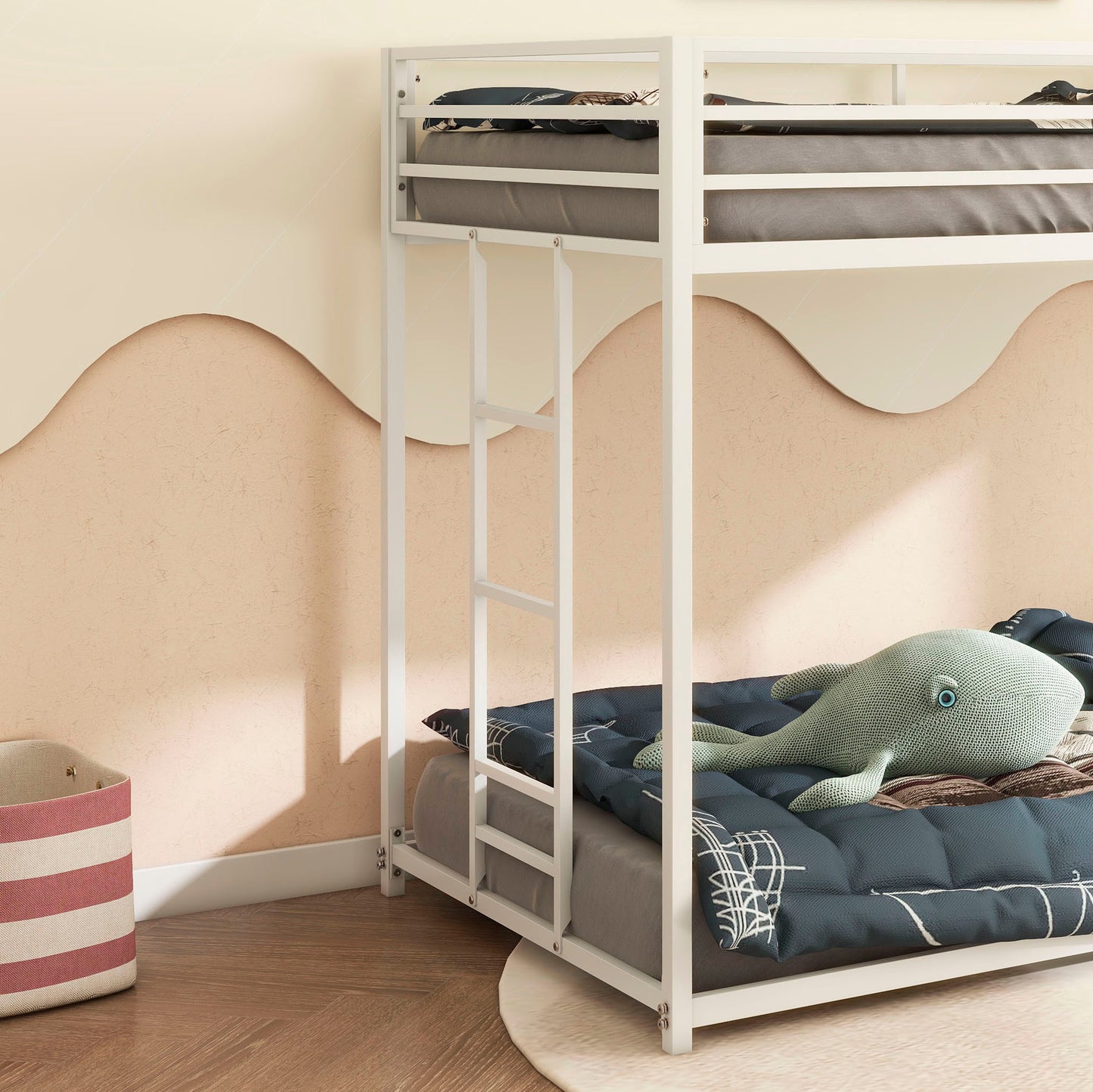 Adam Sturdy Twin over Twin Metal Bunk White for Kids and Adult, Low Profile and Easy Climbing with Stable Ladder