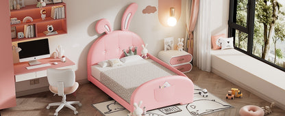 Twin size Upholstered Rabbit-Shape Princess Bed ,Twin Size Platform Bed with Headboard and Footboard,Pink