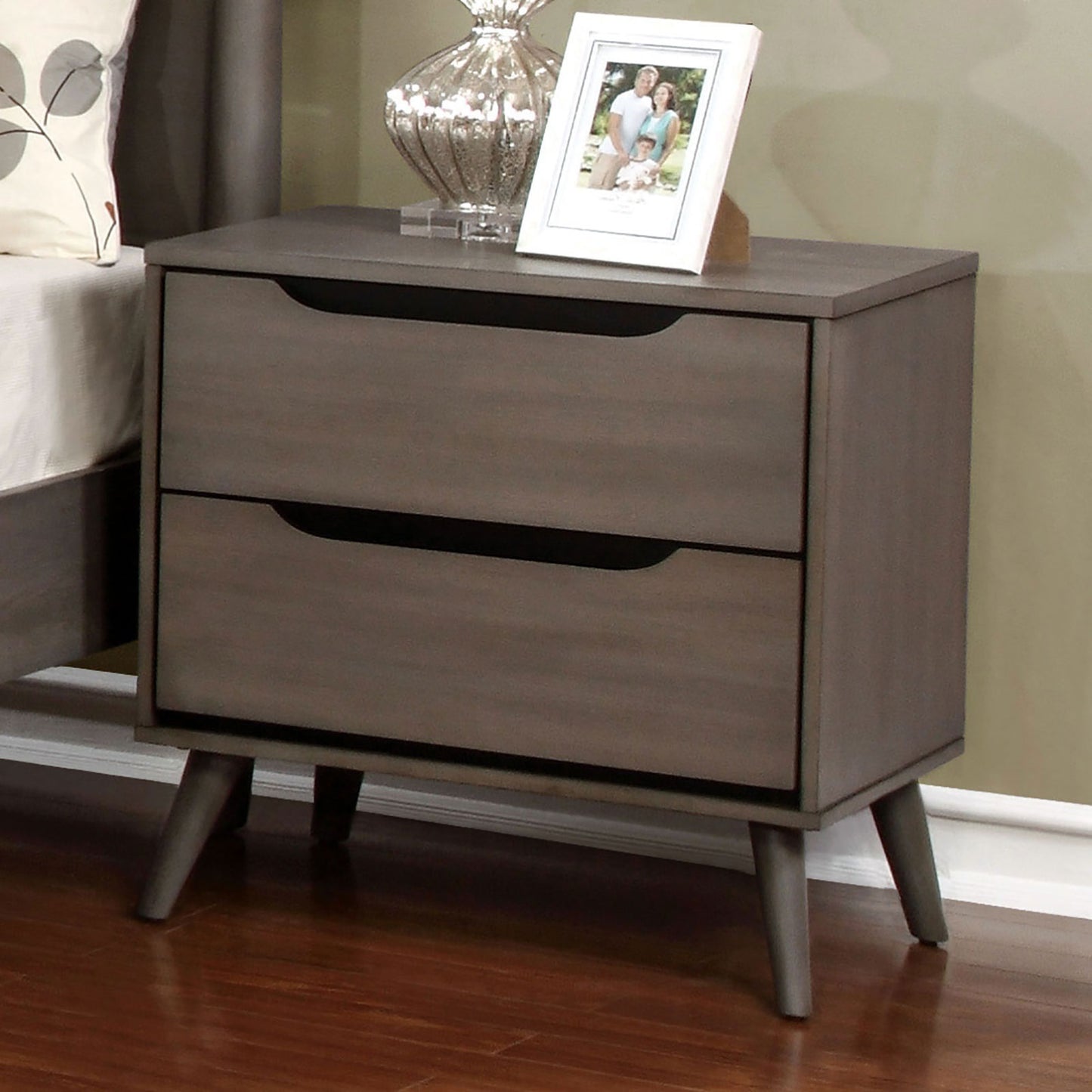 Mid-Century Modern Gray Color 1pc Nightstand Bedroom Furniture Solid wood Round Tapered Legs 2-Drawers Bedside Table