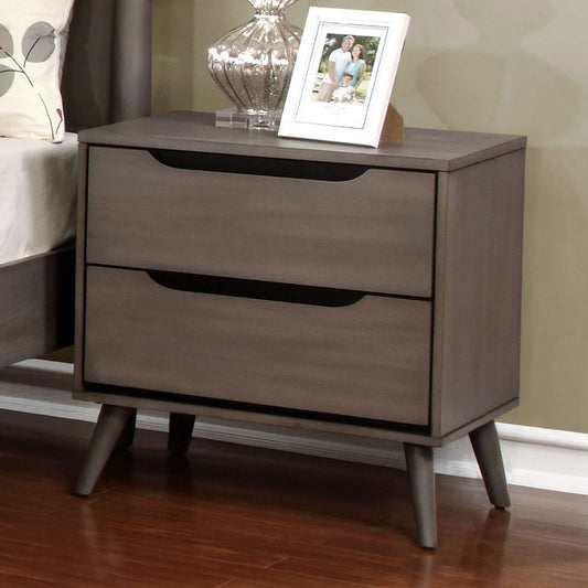 Mid-Century Modern Gray Color 1pc Nightstand Bedroom Furniture Solid wood Round Tapered Legs 2-Drawers Bedside Table