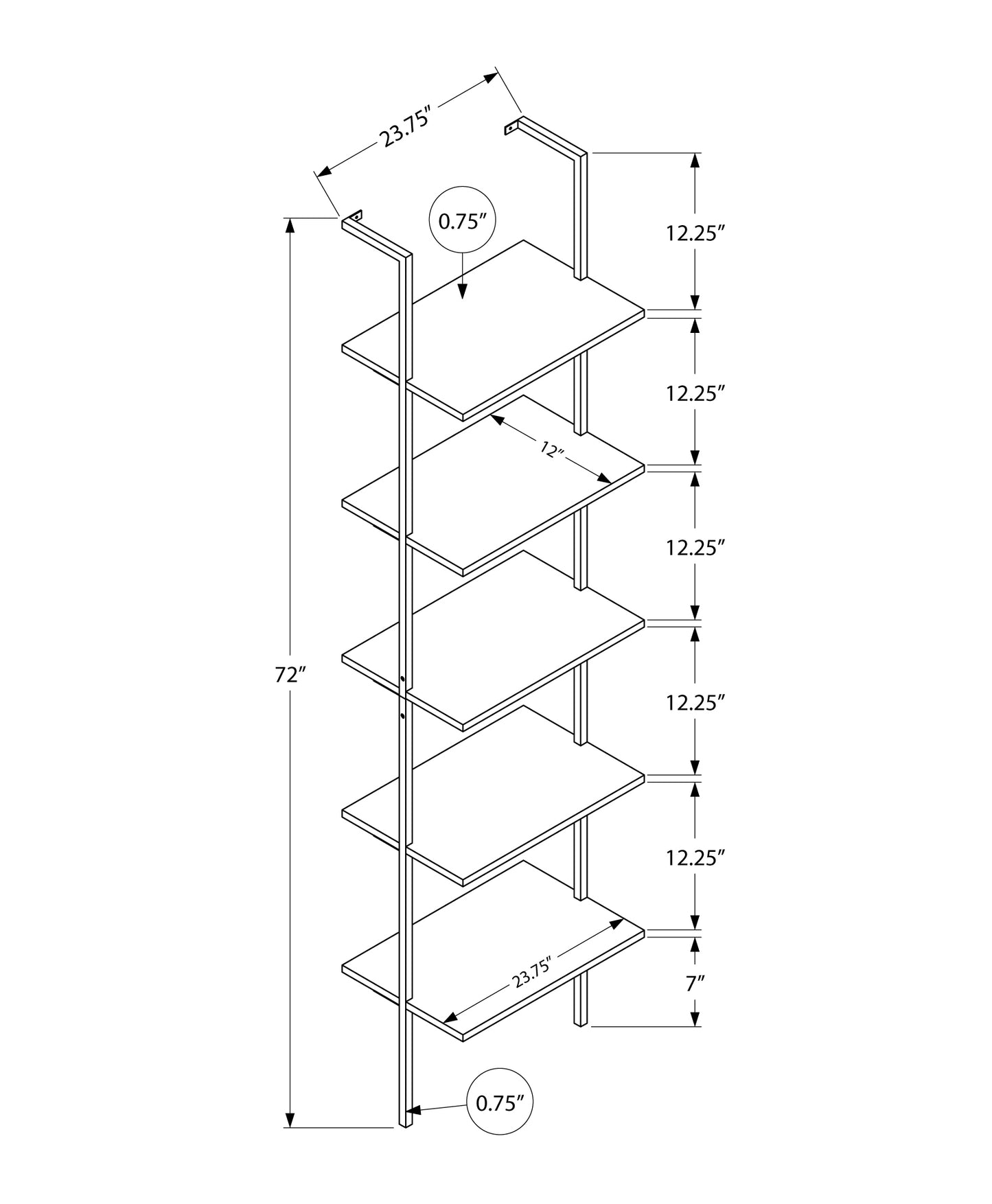 Bookshelf, Bookcase, Etagere, Ladder, 5 Tier, 72"h, Office, Bedroom, Black Laminate, Black Metal, Contemporary, Modern