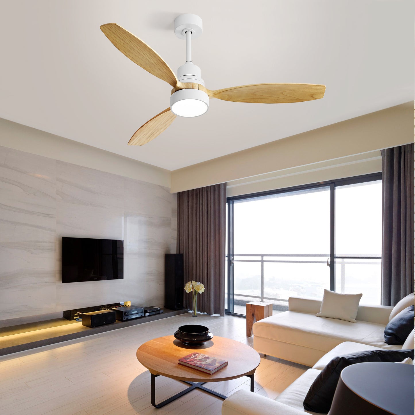 52 Inch Indoor Modern Ceiling Fan White 3 Solid Wood Blades Remote Control Reversible DC Motor With Led Light