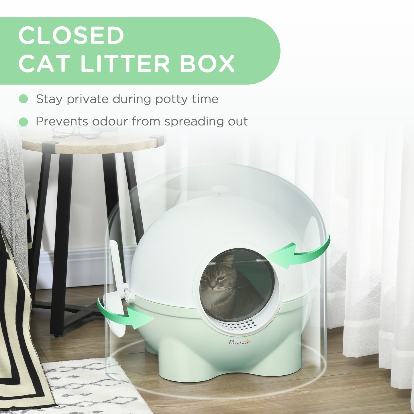 PawHut Hooded Cat Litter Box, Large Kitty Litter Pan with Lid, Scoop, Leaking Sand Pedal, Top Handle, Light Green