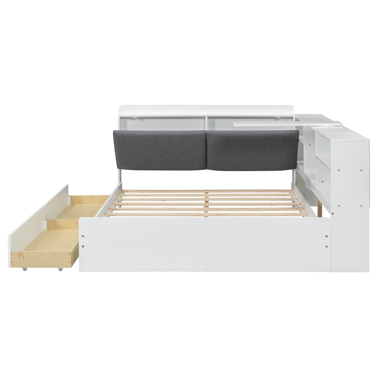 Wood Full Size platform bed with Storage Headboard, Shelves and 2 Drawers, White