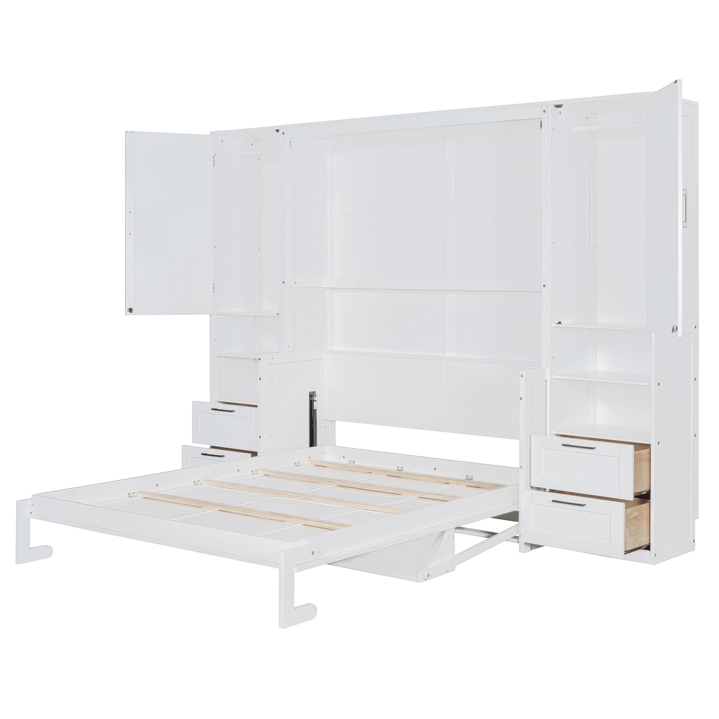 Queen Size Murphy Bed Wall Bed with Closet ,Drawers and Shelves,White