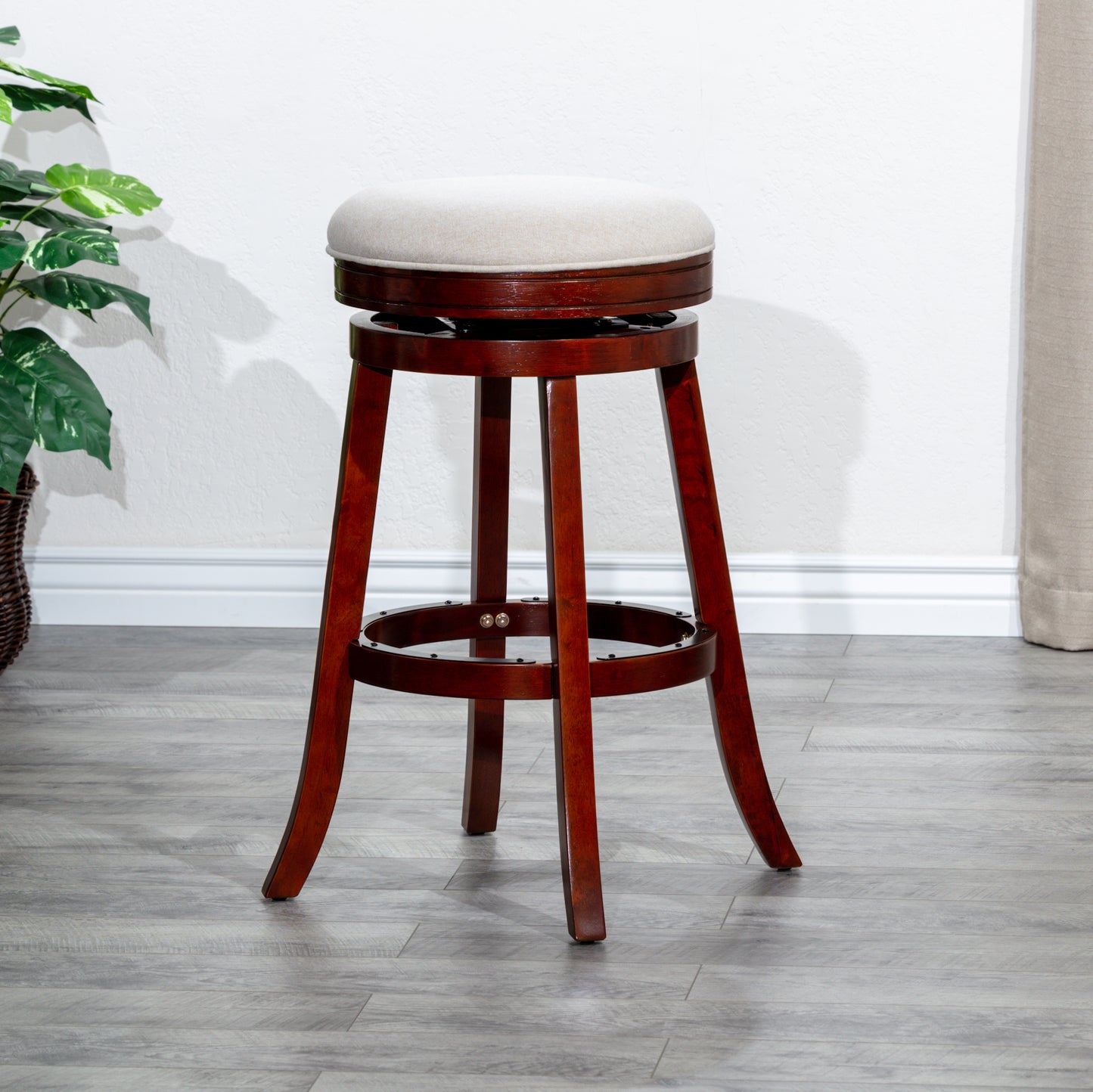 24" Counter Stool, Cherry Finish, Beige Fabric Seat