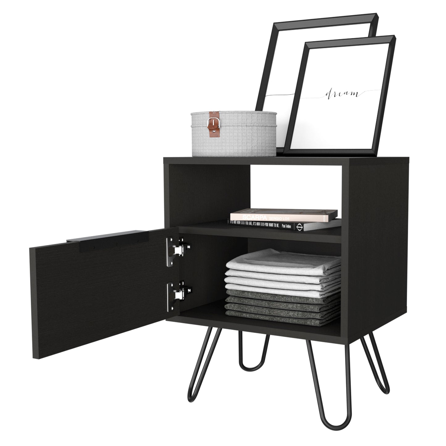 Nightstand 22"H, One Open Shelf, Single Door Cabient, Hairpin Legs, Black