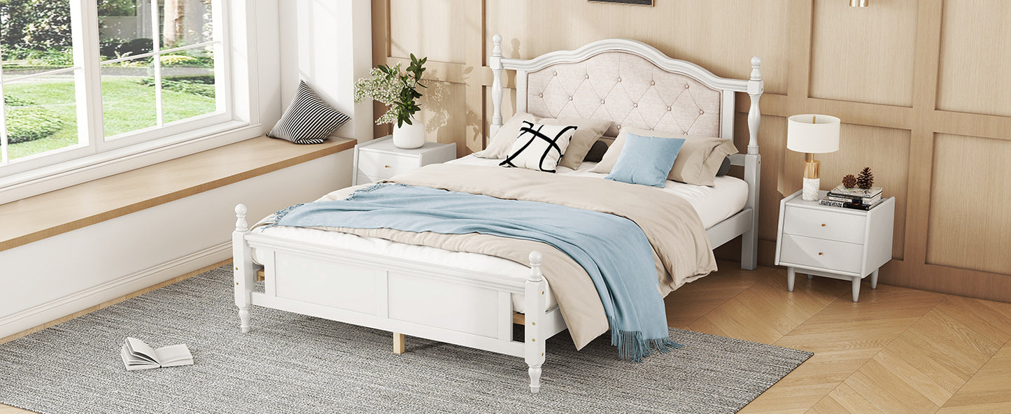 Queen Pine wooden Bed with Upholstered Headboard  and Panel Footboard, with  Two Bed Rail Support Feet and Central Platform Support Feet ,White