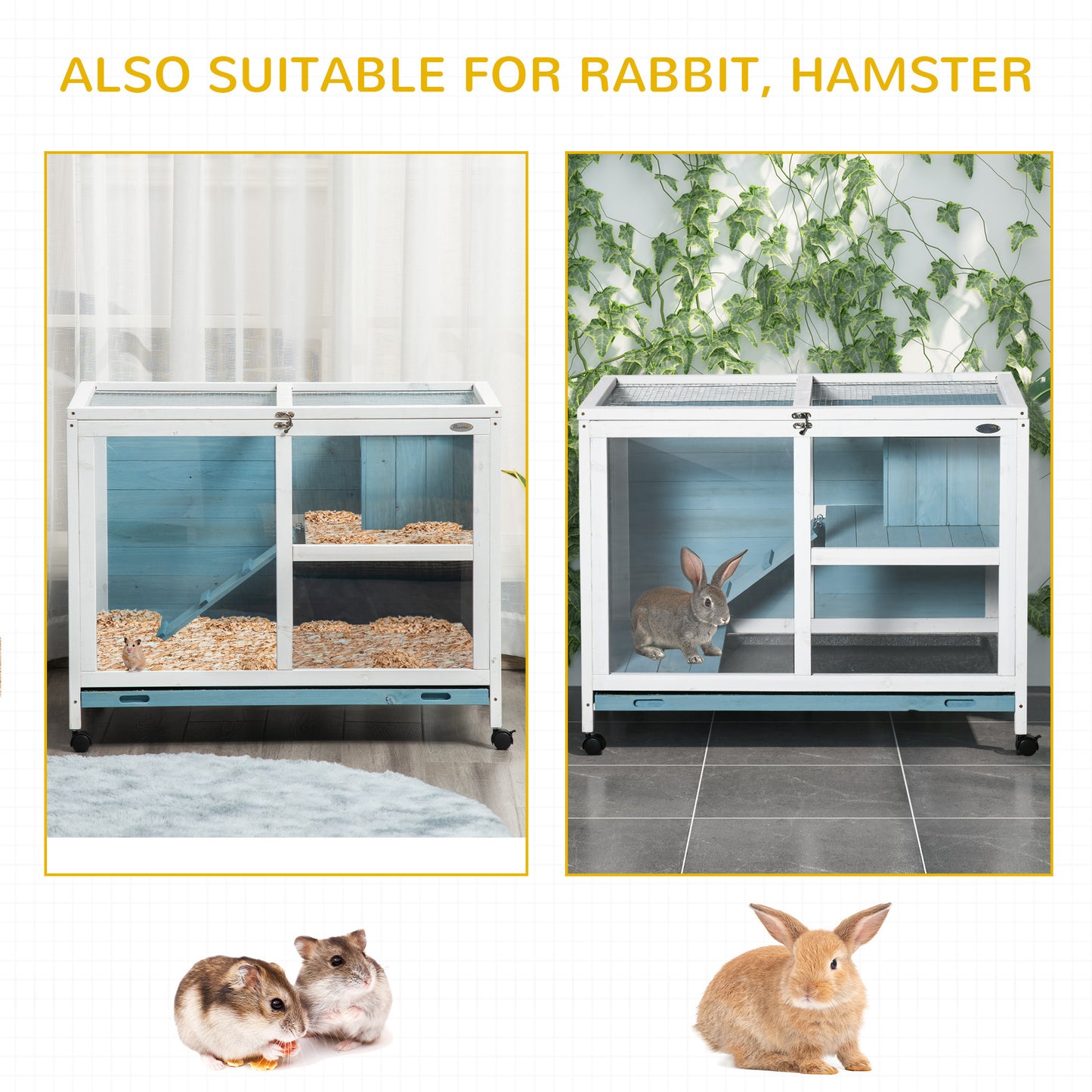 PawHut Indoor Rabbit Hutch with Wheels, Desk and Side Table Sized, Wood Rabbit Cage, Waterproof Small Rabbit Cage, Light Blue