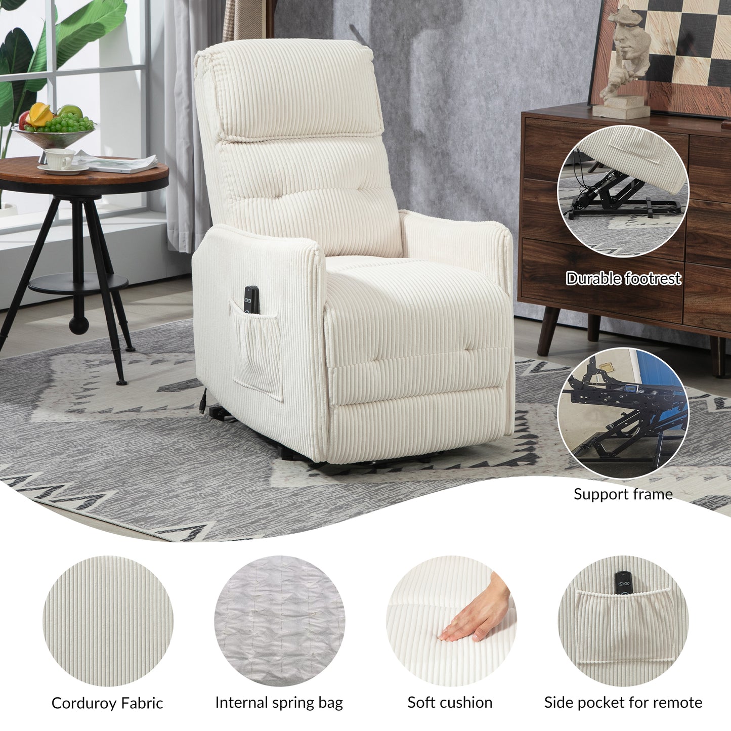 COOLMORE Recliner Chair, Electric Recliner Chairs for Adults, Side Pocket Power Reclining Chair Pocket Springs Seat Cushion, Corduroy Fabric Recliner Sofa for Living Room, Bedroom, Home Theater(Beige)