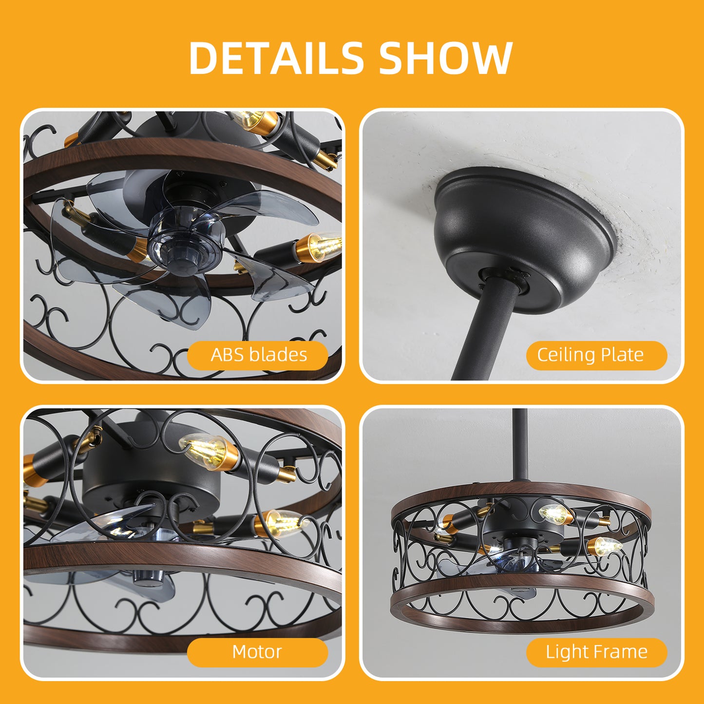 18inch Caged Ceiling Fan with Lights Remote Control for APP (Note:No warranty on bulbs)