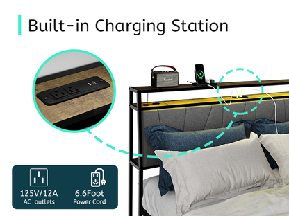 Queen Bed Frame with Storage, Ergonomic Headboard,  Bed Frame with 2 Storage Drawers, Built in Charging Station & LED, Outlets & USB, Queen Size, Noise Free, No Box Spring Needed, Rustic Brown