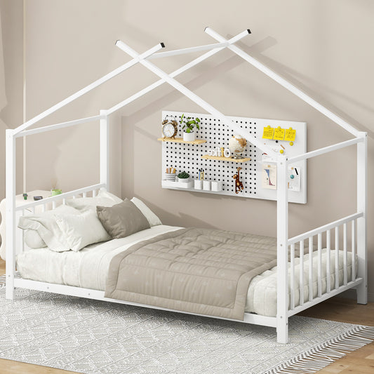 Twin Size Metal House Platform Bed, White