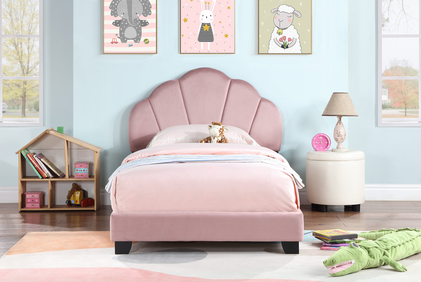 Upholstered Twin Size Platform Bed for Kids, Wooden Bed Frame with Slatted Bed Base, No Box Spring Needed, Cute Bed Frame with Shell Design Headboard for Girls Boys Teens, Pink