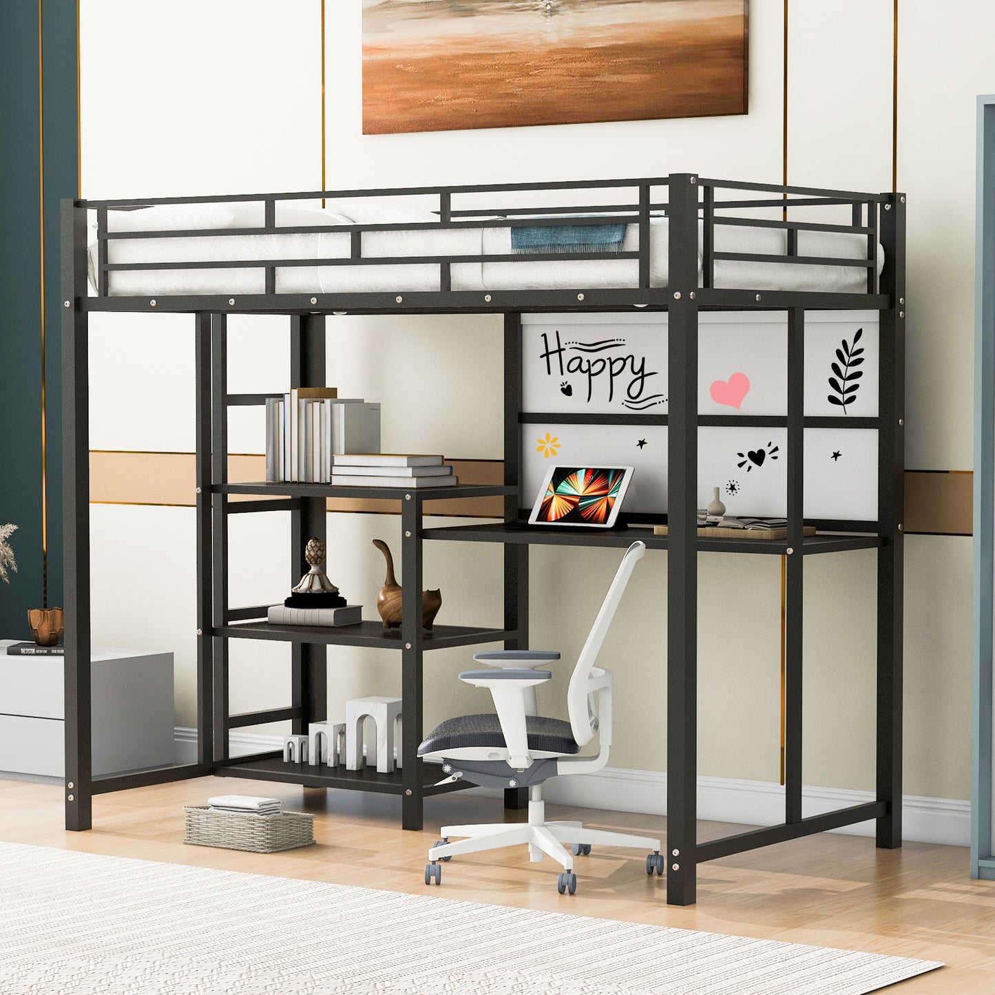 Twin Size Loft Bed with Desk and Whiteboard, Metal Loft Bed with 3 Shelves and Ladder, Black