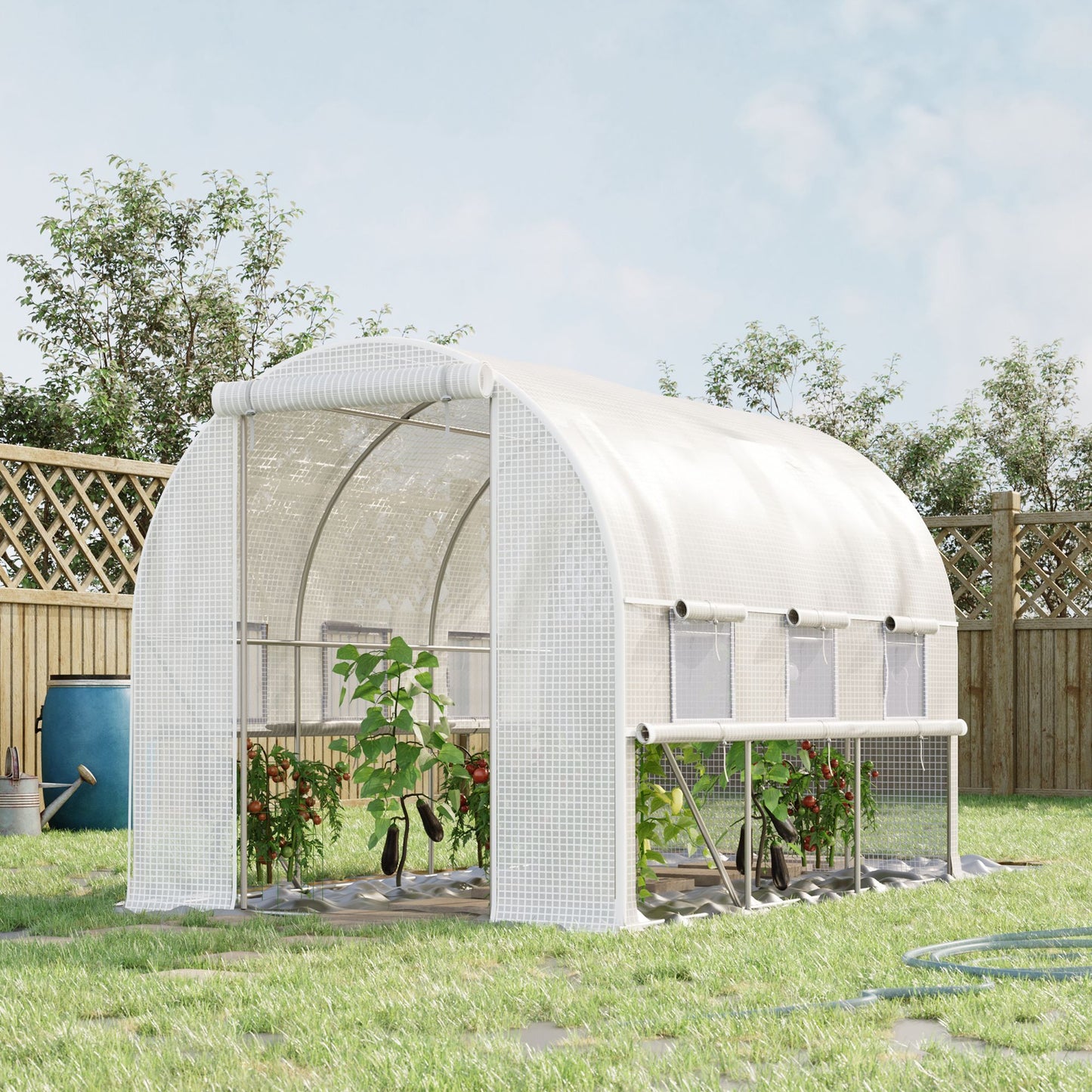 Outsunny 10' x 7' x 7' Walk-in Tunnel Greenhouse, Outdoor Green House with Anti-Tear PE Cover, Zipper Doors and Mesh Windows, White