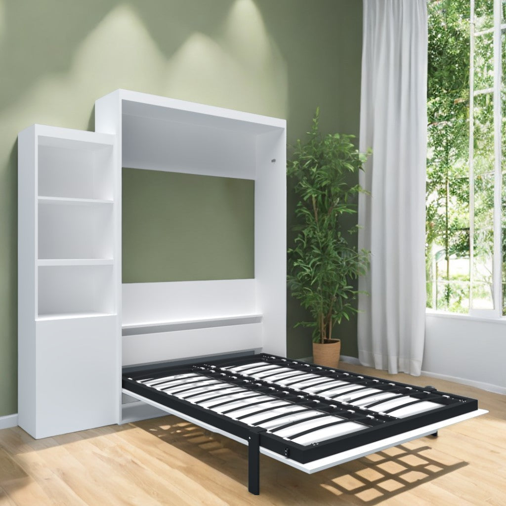 Queen  Size Morden Deisgn Big Size Vertical Murphy Bed with table and shelf  for Bedroom or Guestroom White Wall Bed Space Saving Hidden Bed with New Style Gas Struts