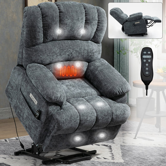 23' Seat Width and High Back Large Size Blue Grey Chenille Power Lift Recliner Chair with 8-Point Vibration Massage and Lumbar Heating