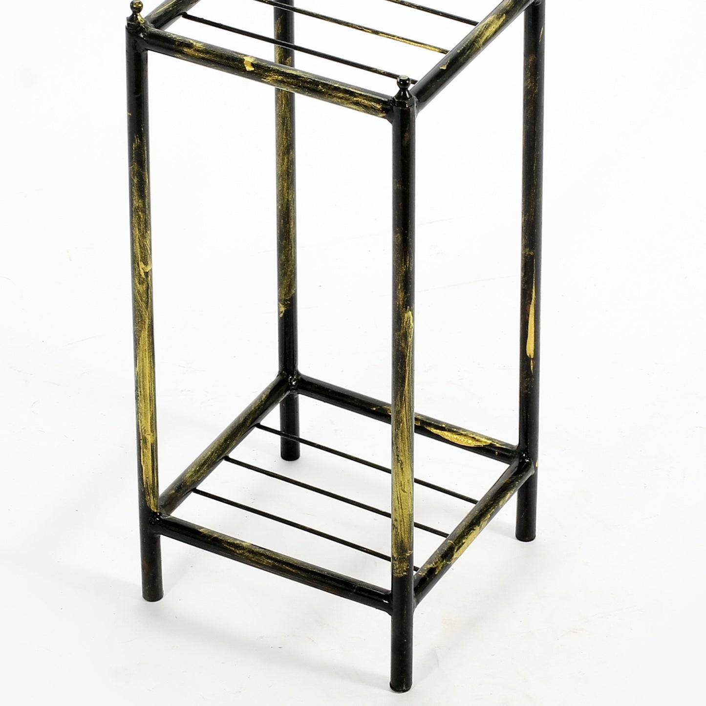 17" Gray Stone Slab 2 Tier Small Square Black / Gold Cast Metal Plant Stand