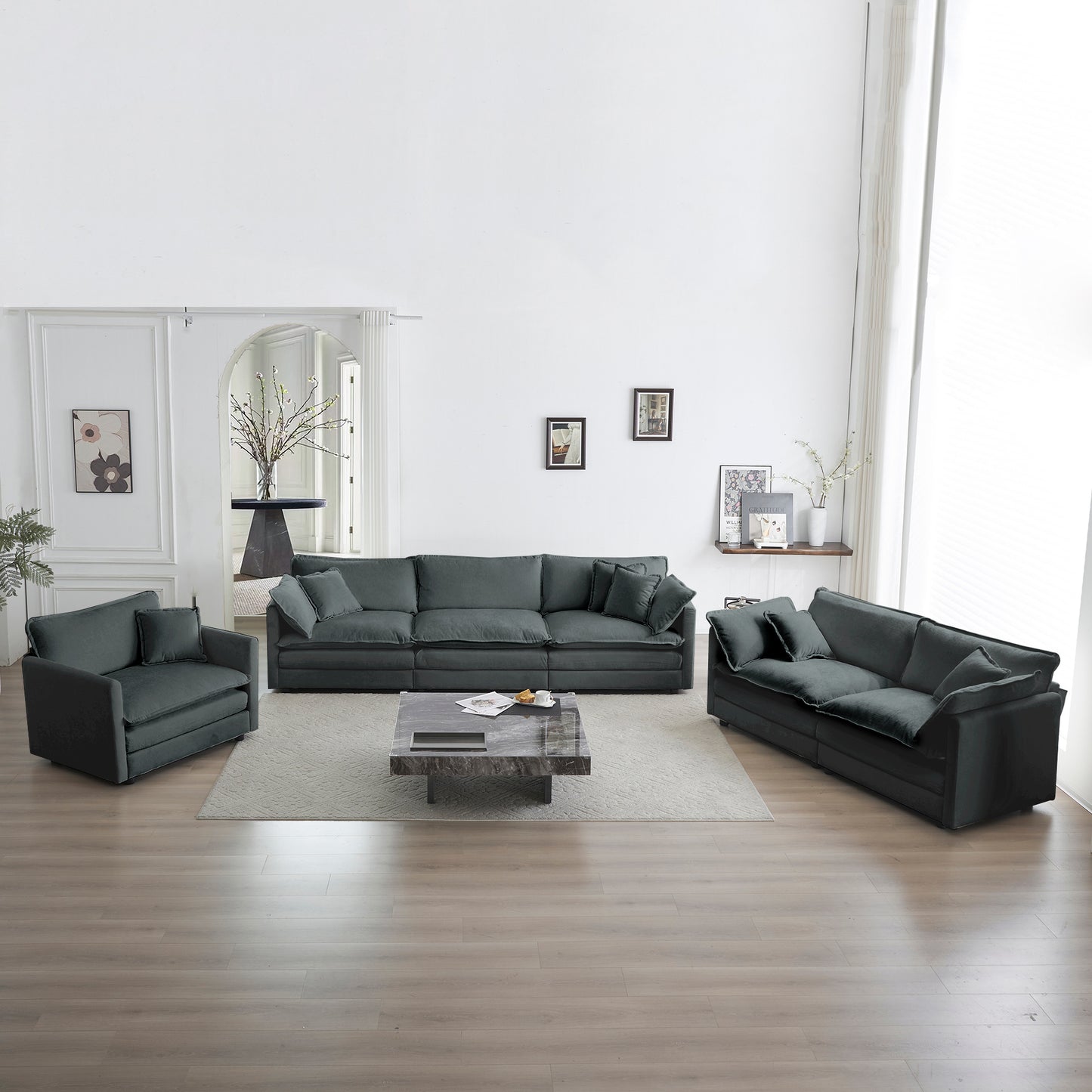 Modern Sofa Couch, 3 Piece Set Extra Deep Seat Sectional Sofa for Living Room, Oversized Sofa, 3 Seat Sofa, Loveseat and Single Sofa, Gray Chenille
