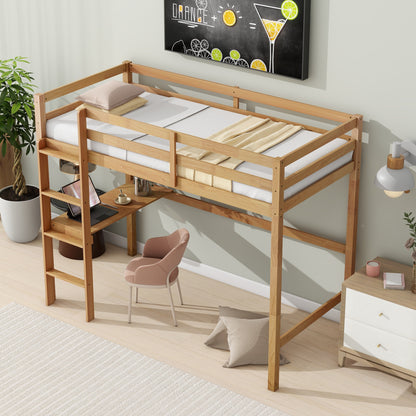 Twin High Loft Bed, Rubber Wood  Loft Bed with Safety Guardrail, built-in desk, ladder,White Oak